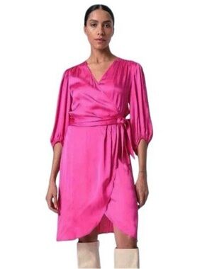 NWT Soaked Studio Bright Pink Satin Eline Wrap Dress Size XS